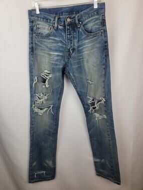MNML Distressed Skinny Straight Button Fly Denim Jean Grunge Streetwear Sz 28x30